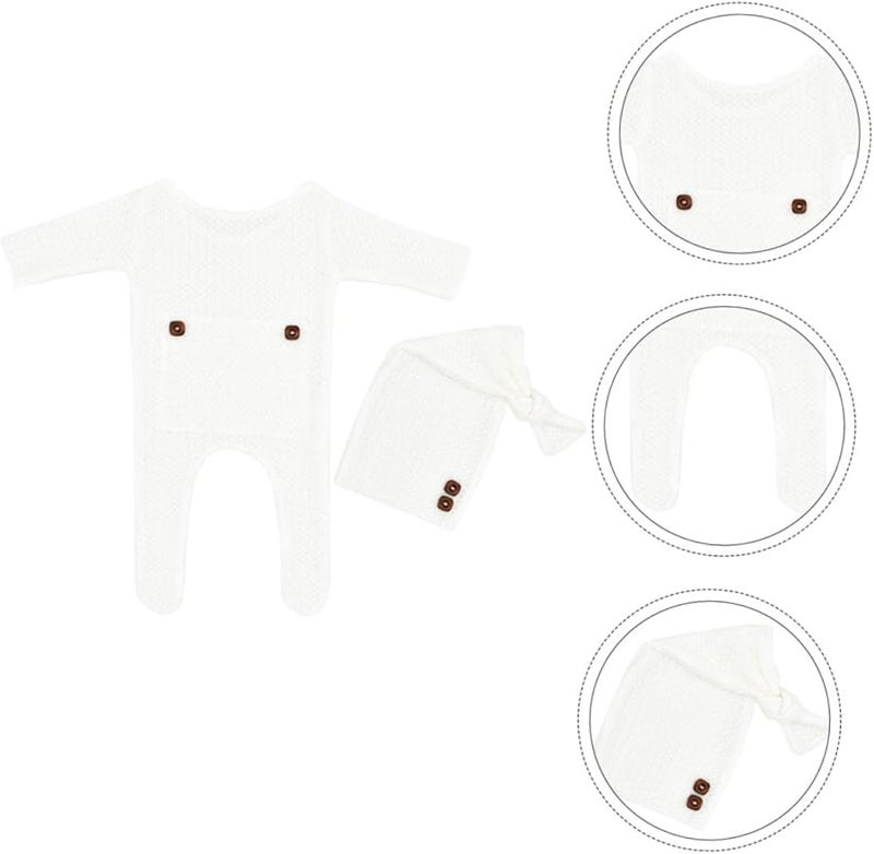 Newborn Baby Boy Knit Clothes Two Piece Set With Hat White Photography Outfit - Image 4